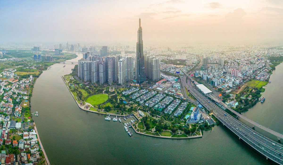 Modern riverside urban and commercial buildings