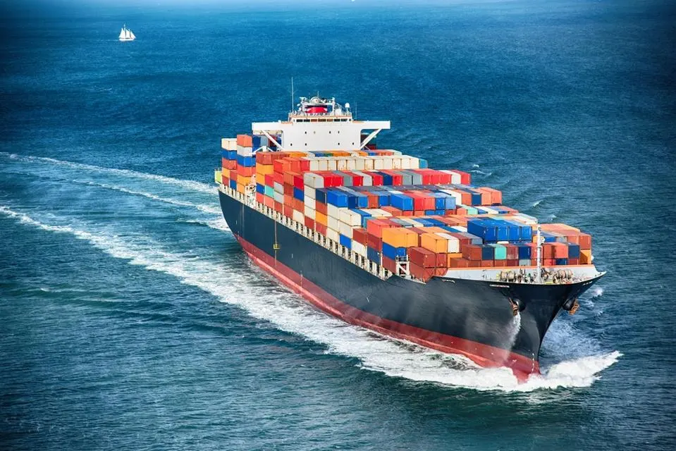Container vessel transporting goods by sea