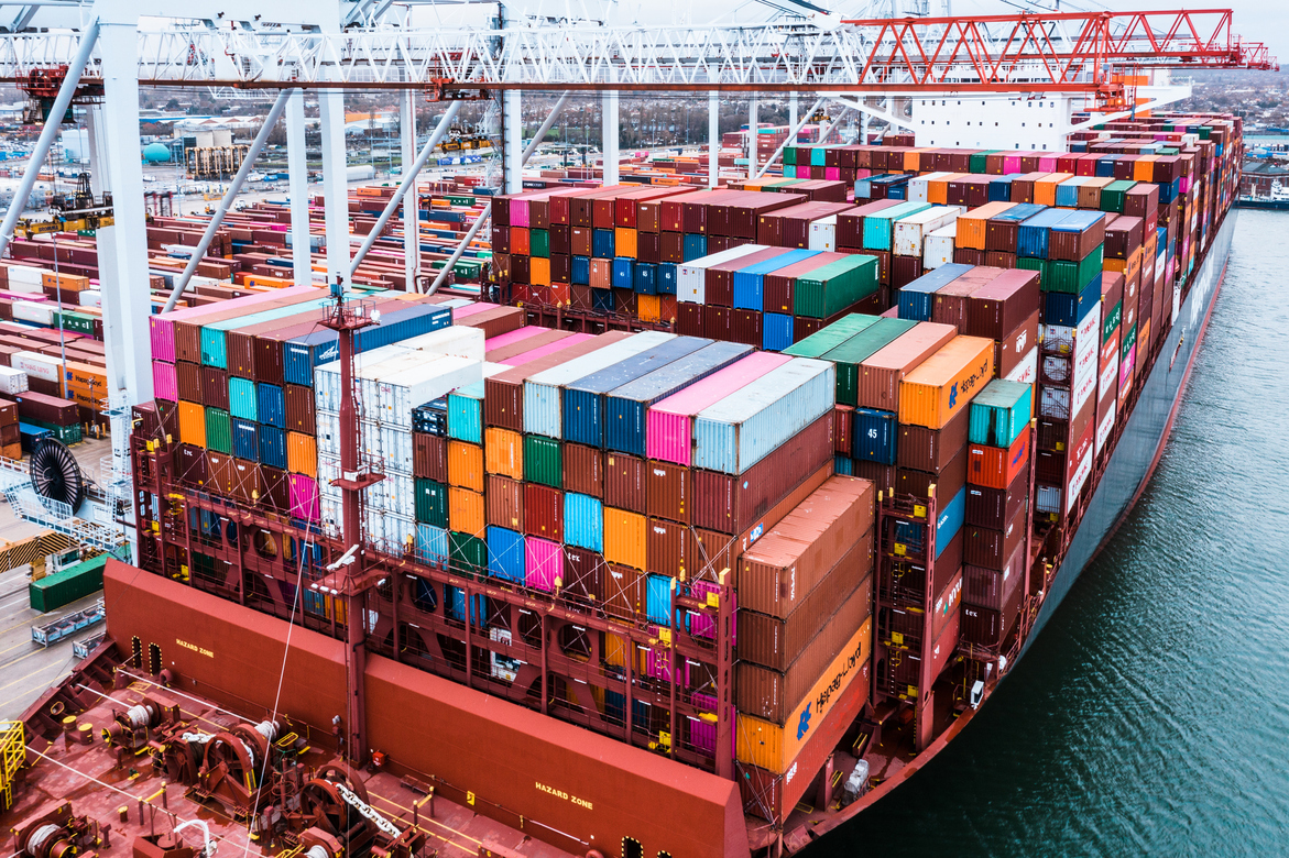 Container stacks and cranes at a cargo terminal