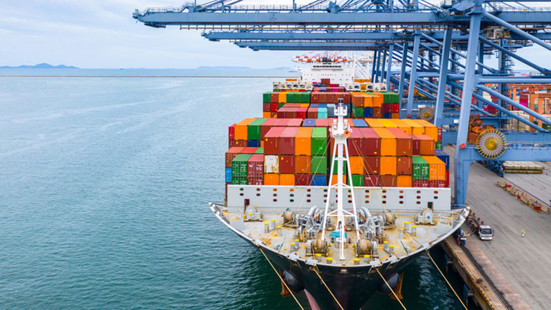 Cargo vessel beneath container terminal cranes