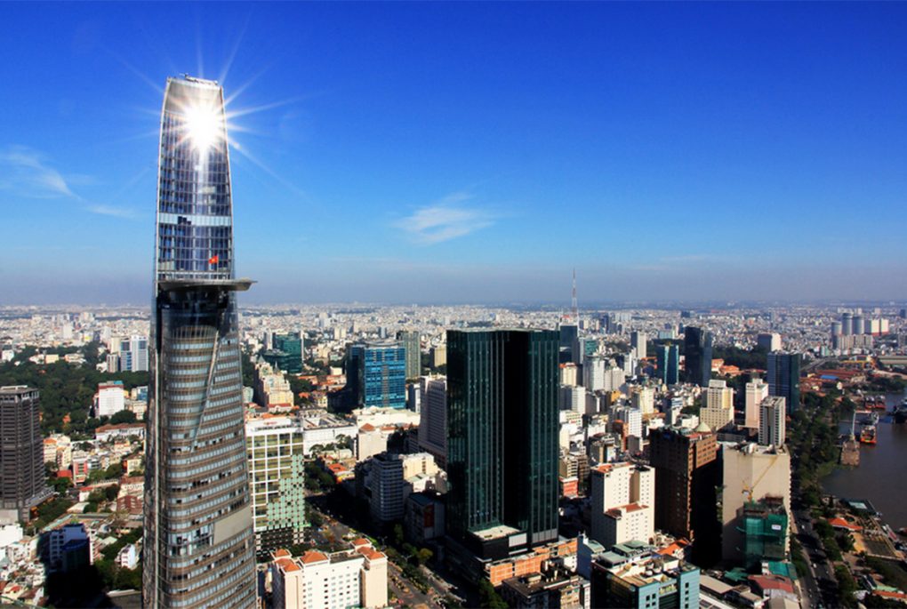 Urban rooftops and commercial buildings in evening light