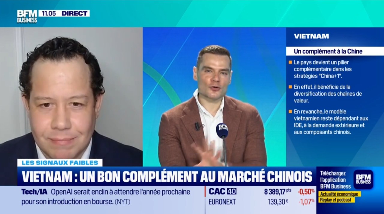Mickaël Driol and the BFM Business presenter discussing Vietnam and China+1
