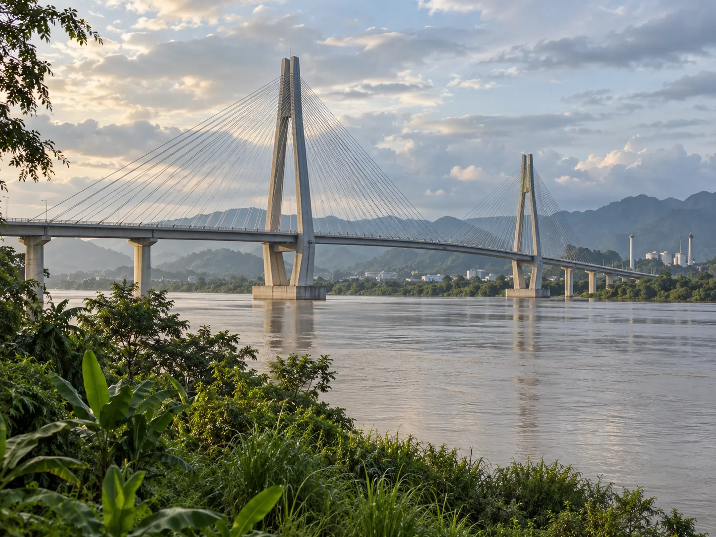 AI-generated illustration of a cable-stayed bridge crossing a tropical river