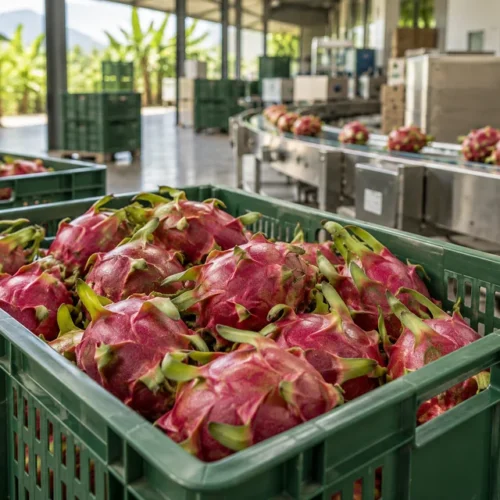 AI-generated illustration of dragon fruit in crates beside a produce packing line