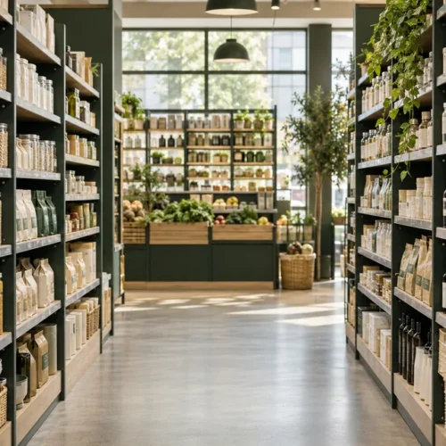 AI-generated illustration of an unbranded grocery aisle and retail product displays