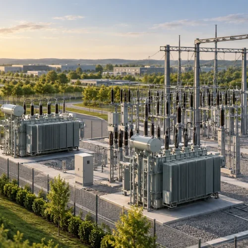 AI-generated illustration of transformers and electrical infrastructure at a substation