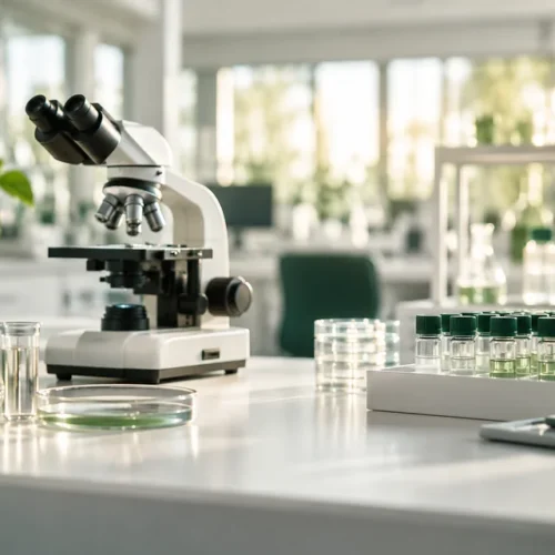 AI-generated illustration of a microscope and laboratory equipment for life-sciences work