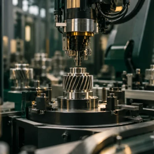 AI-generated illustration of precision gears and robotic tooling in an industrial workshop