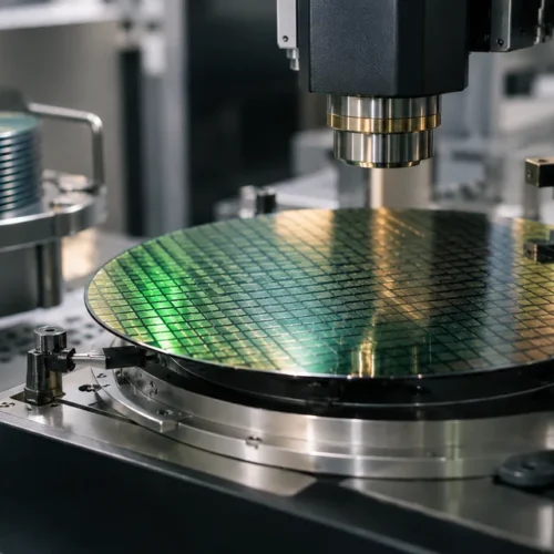 AI-generated illustration of a semiconductor wafer and precision testing equipment