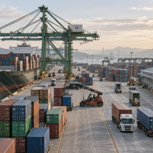 AI-generated contextual illustration of container-port operations and warehouse connections