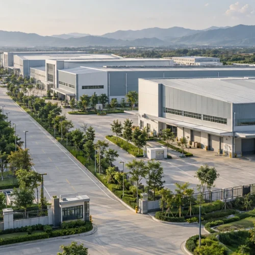 AI-generated contextual illustration of ready-built factories and access roads in an industrial park