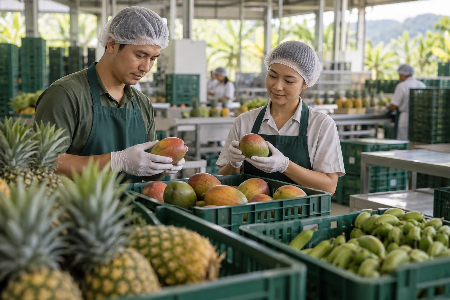 Illustrative food-handling workers inspecting tropical fruit