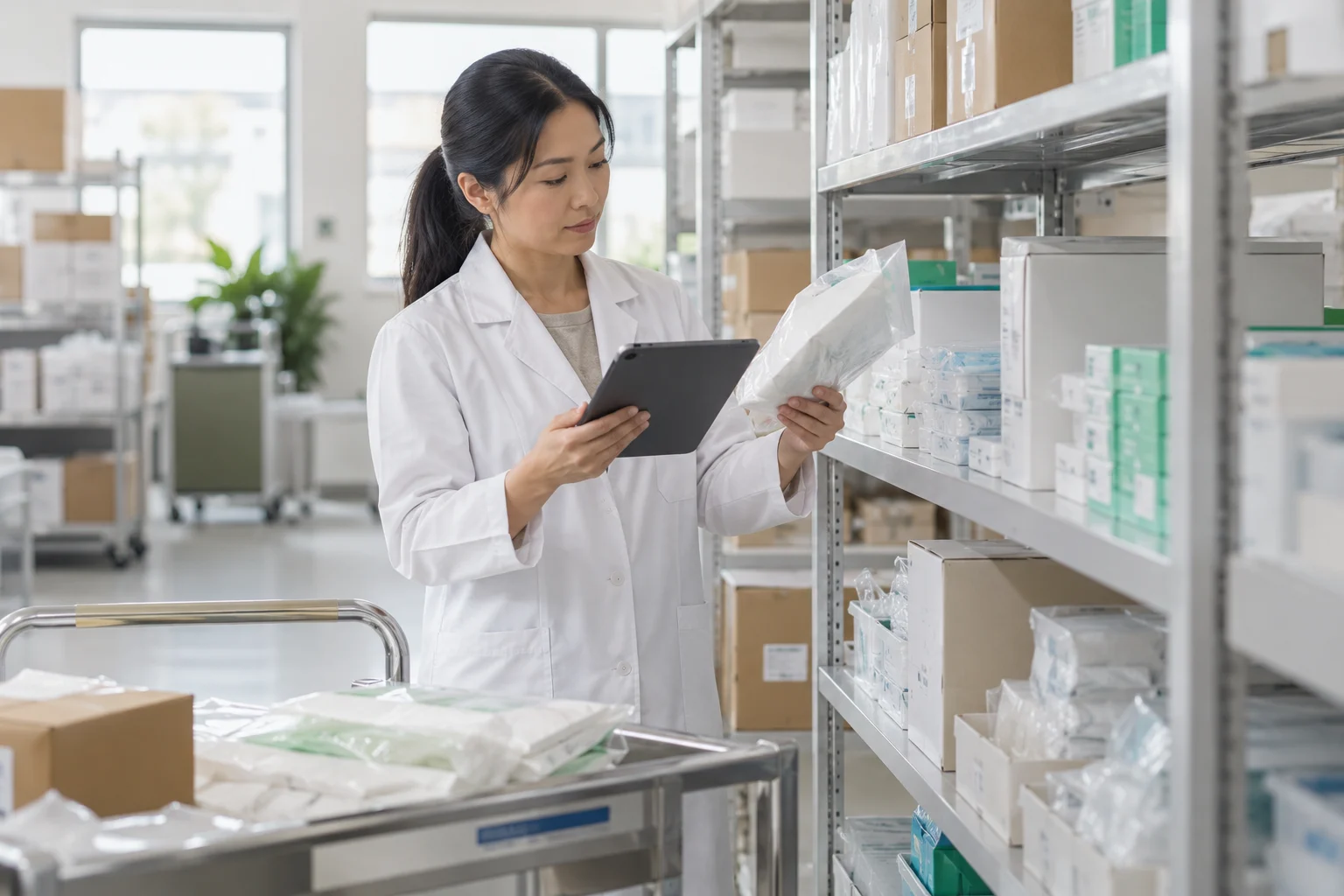 Illustrative healthcare distribution specialist checking sealed supplies