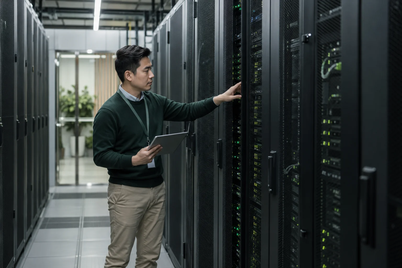 Illustrative technology specialist checking data-centre equipment